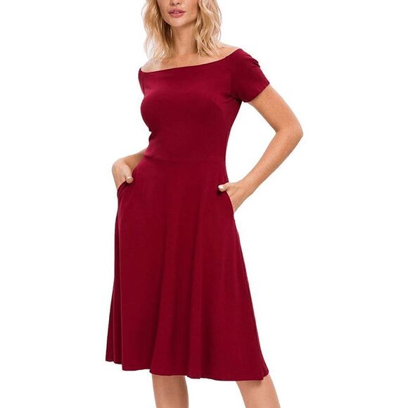 ❤️ Off Shoulder Short Sleeve Cocktail Burgundy Dress with Pockets SIZES M, L NEW - Picture 1 of 16